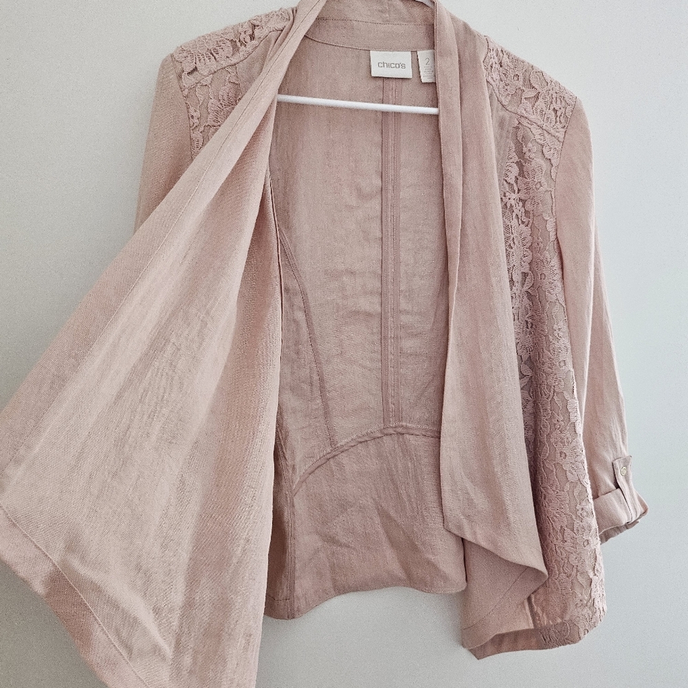 Blush Pink Open-Front Lace Detail Cardigan Blazer Womens Size L (Chicos Size 2) - Picture 4 of 9